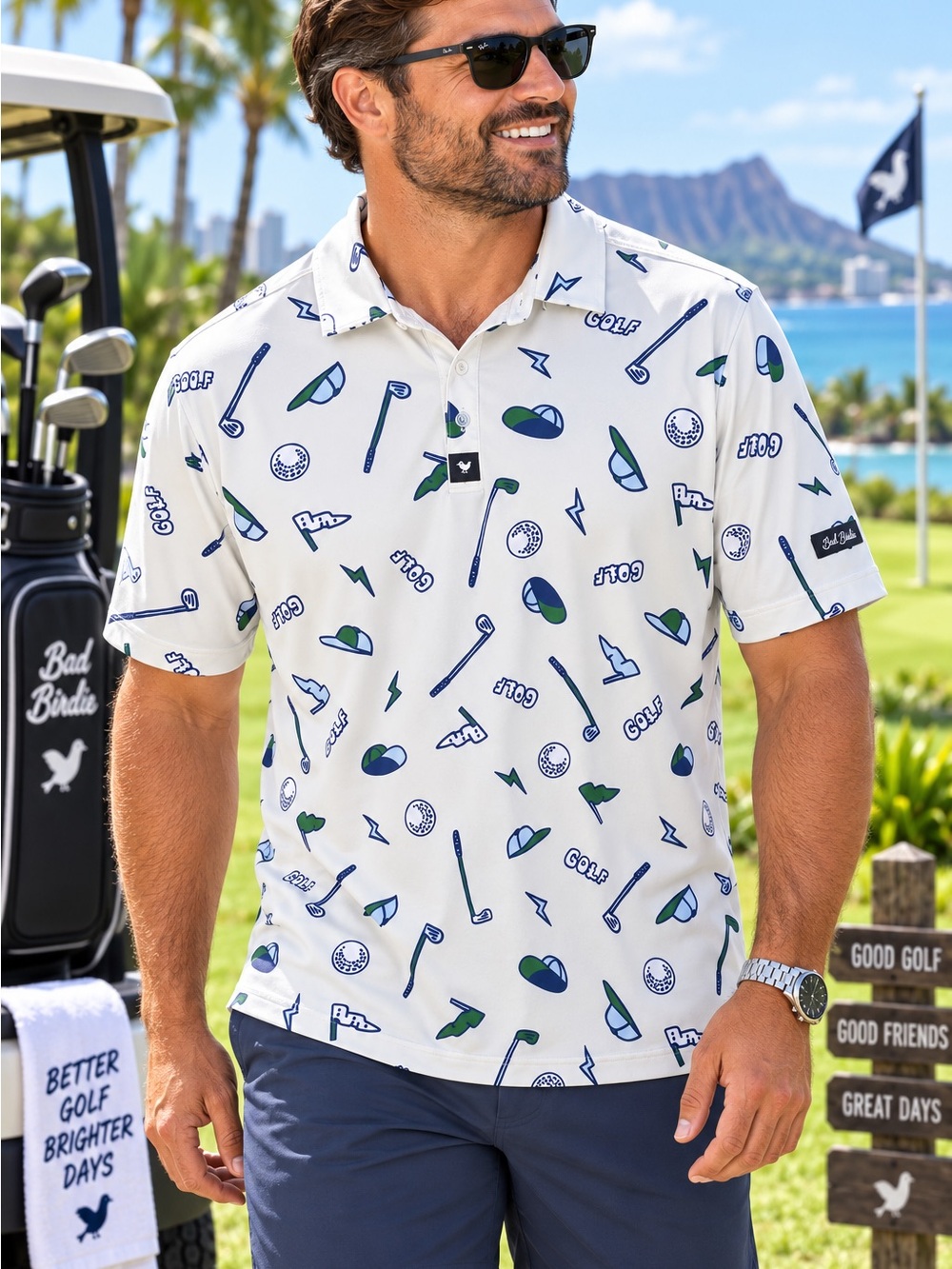 Bad Birdie Yard Sale Men’s L Golf Polo White Golf Print Performance #209